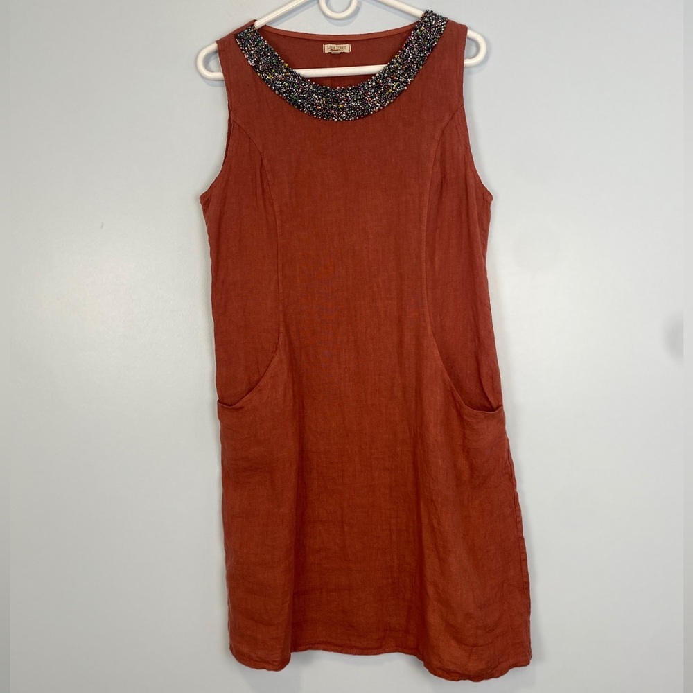 Lina Tomei Women’s Linen Dress Large L Beaded Pockets Made in Italy Resortwear